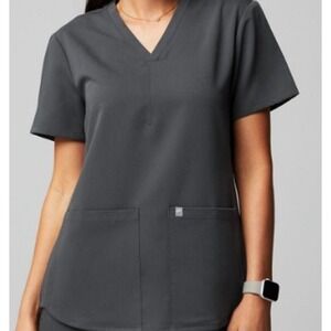 Fabletics Method 2-Pocket Scrub Top Womens Small Gray V-Neck Short Sleeve Onyx